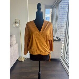 Express Mustard Yellow 3/4 Sleeve Silky Wrap Front Blouse Size Medium